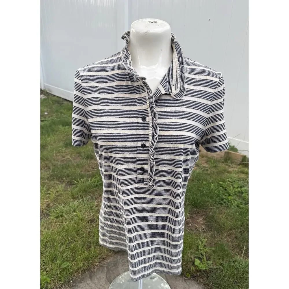 Tory Burch Lidia Ruffle Trim Navy Cream Polo Shirt M Designer Luxury Preppy